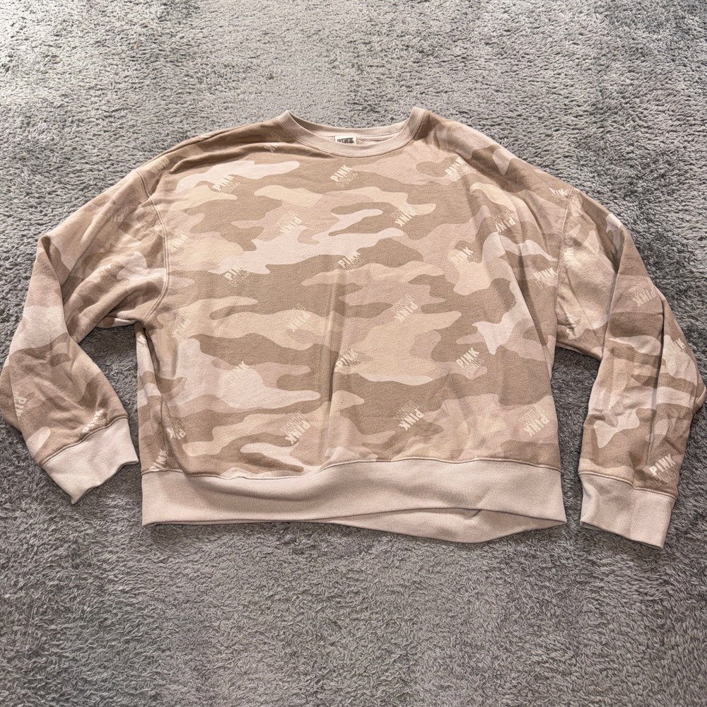 Victoria's Secret PINK Sweatshirt Medium Tan Beige Camo Pullover Crew Neck
